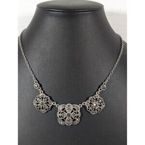 Liz Claiborne Gray Marcasite Square Retro Open Metal Work Statement Necklace 18"